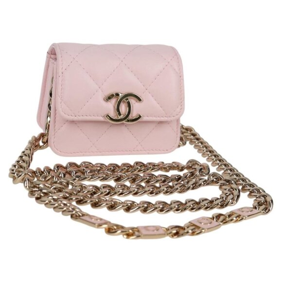 CHANEL Matelasse Chain Shoulder Bag Lamb Skin Pink Gold CC Auth 126071M - Picture 1 of 16